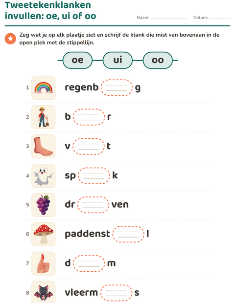 Voorbeeld van het Tweetekenklanken-werkblad voor groep 3