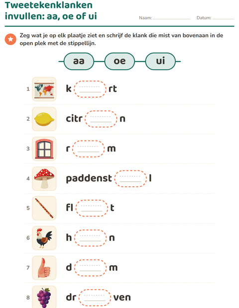 Voorbeeld van het Tweetekenklanken-werkblad voor groep 3
