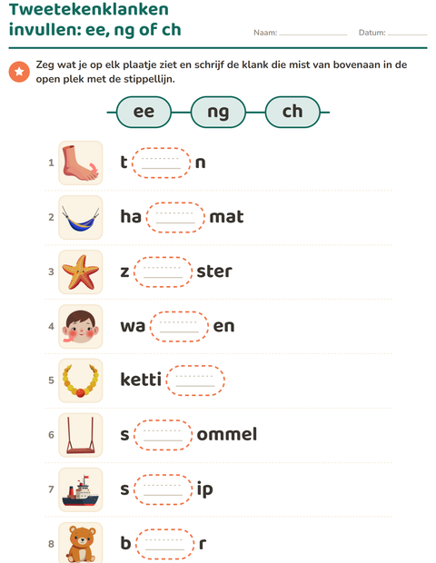 Voorbeeld van het Tweetekenklanken-werkblad voor groep 3