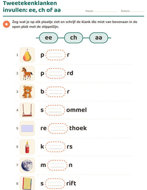 Voorbeeld van het Tweetekenklanken-werkblad voor groep 3