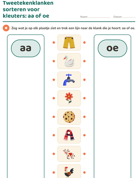 Voorbeeld van het Tweetekenklanken-werkblad voor kleuterklas