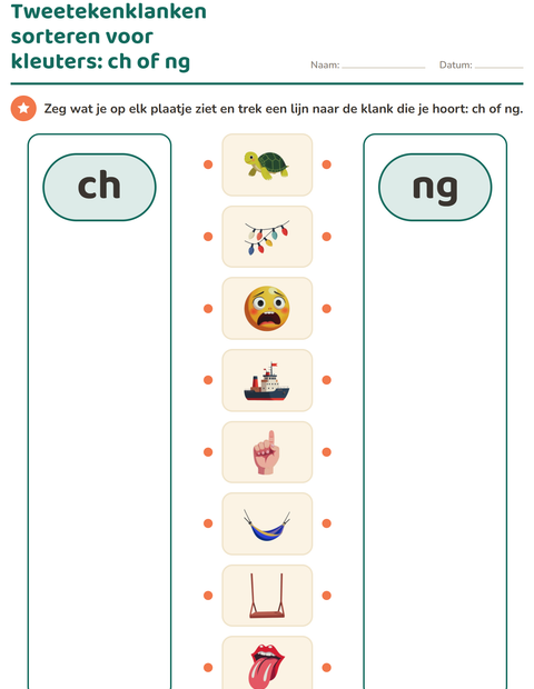 Voorbeeld van het Tweetekenklanken-werkblad voor kleuterklas