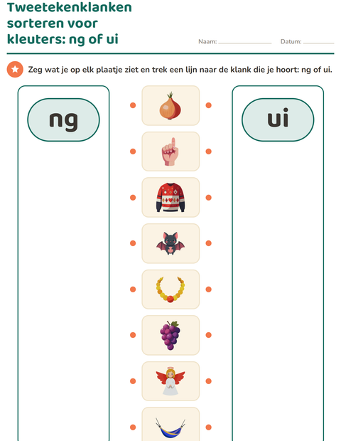 Voorbeeld van het Tweetekenklanken-werkblad voor kleuterklas