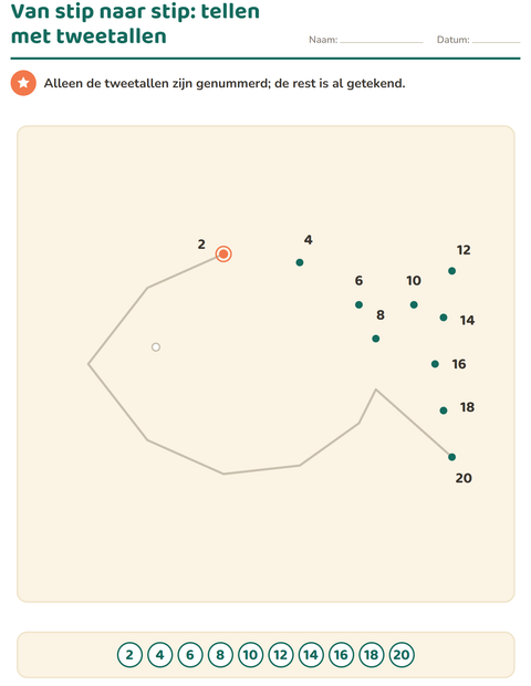 Van stip naar stip met tweetallen: 2, 4, 6 tot 20