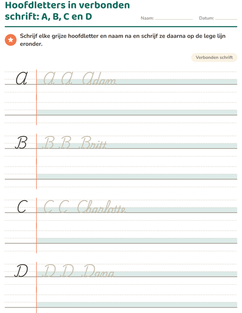 Voorbeeld van het Verbonden schrift-werkblad voor groep 4