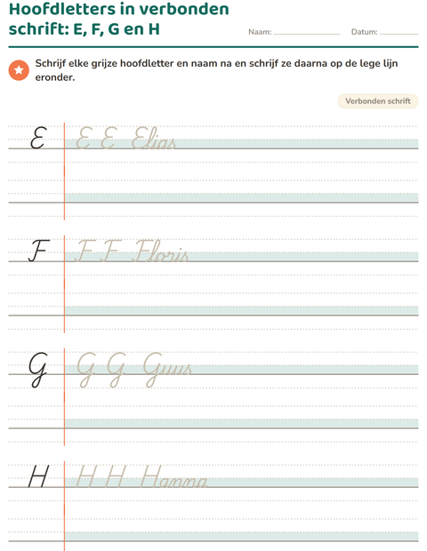 Voorbeeld van het Verbonden schrift-werkblad voor groep 4