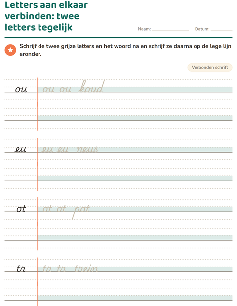 Voorbeeld van het Verbonden schrift-werkblad voor groep 4