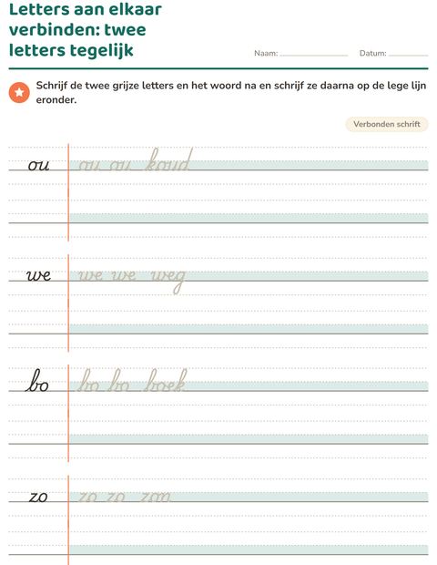 Voorbeeld van het Verbonden schrift-werkblad voor groep 4