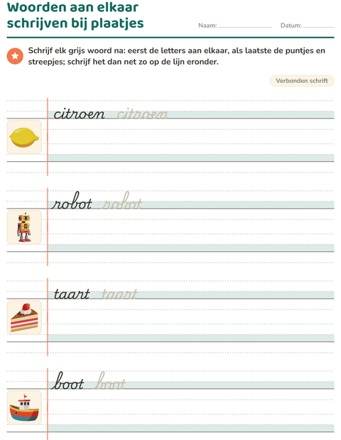 Voorbeeld van het Verbonden schrift-werkblad voor groep 4
