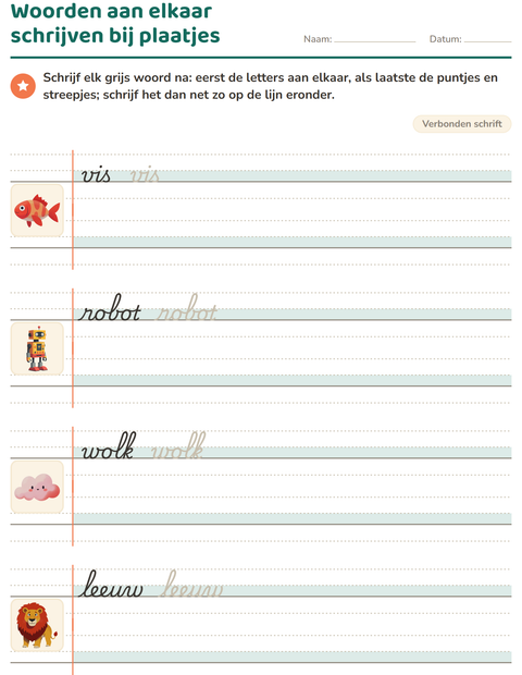 Voorbeeld van het Verbonden schrift-werkblad voor groep 4
