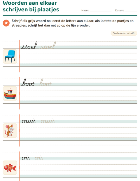 Voorbeeld van het Verbonden schrift-werkblad voor groep 4