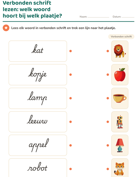 Verbonden schrift lezen: welk woord hoort bij welk plaatje?
