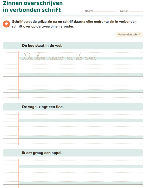 Voorbeeld van het Verbonden schrift-werkblad voor groep 5