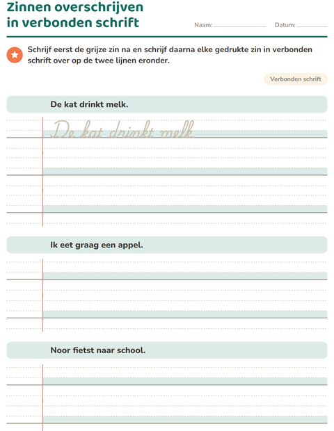 Voorbeeld van het Verbonden schrift-werkblad voor groep 5