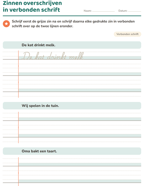 Voorbeeld van het Verbonden schrift-werkblad voor groep 5