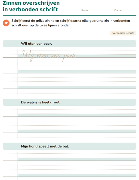 Voorbeeld van het Verbonden schrift-werkblad voor groep 5