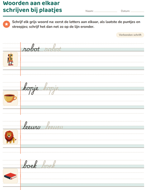 Voorbeeld van het Verbonden schrift-werkblad voor groep 4