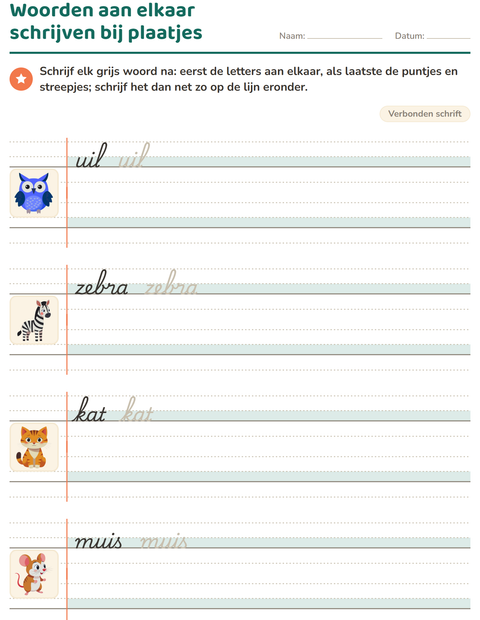 Voorbeeld van het Verbonden schrift-werkblad voor groep 4