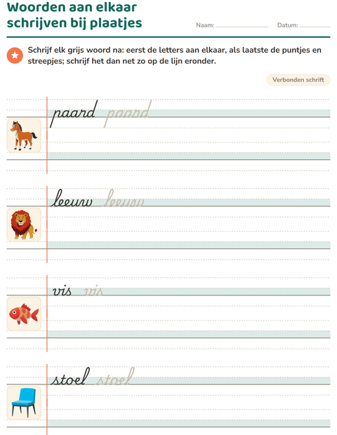 Voorbeeld van het Verbonden schrift-werkblad voor groep 4