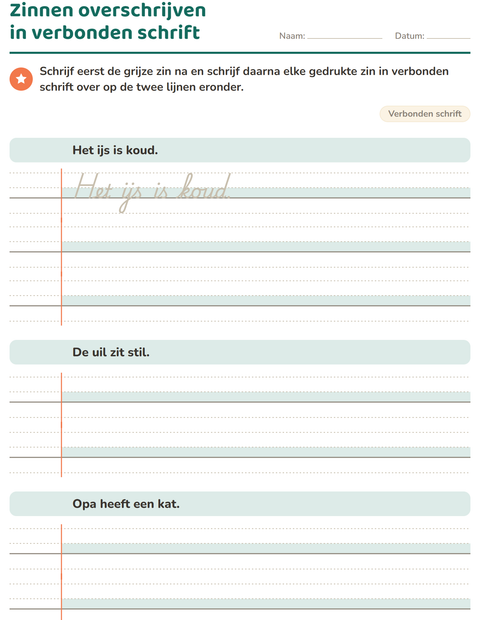 Voorbeeld van het Verbonden schrift-werkblad voor groep 5