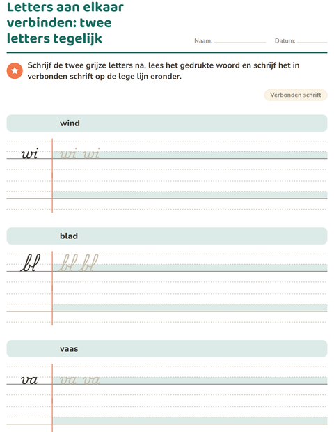 Voorbeeld van het Verbonden schrift-werkblad voor groep 4