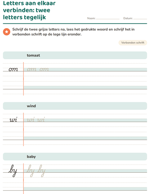 Voorbeeld van het Verbonden schrift-werkblad voor groep 4