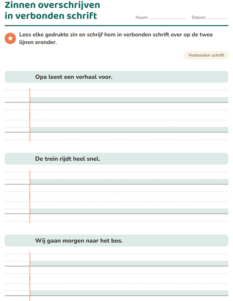 Voorbeeld van het Verbonden schrift-werkblad voor groep 5