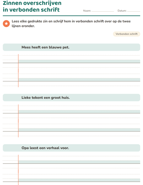 Voorbeeld van het Verbonden schrift-werkblad voor groep 5
