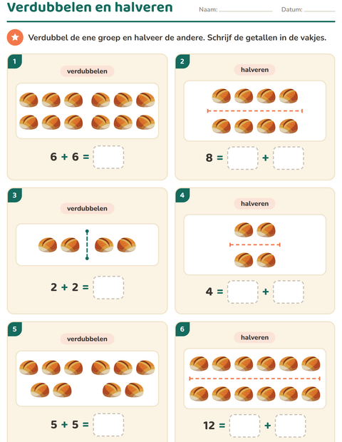 Voorbeeld van het Verdubbelen en halveren-werkblad met Bakkerij voor groep 3