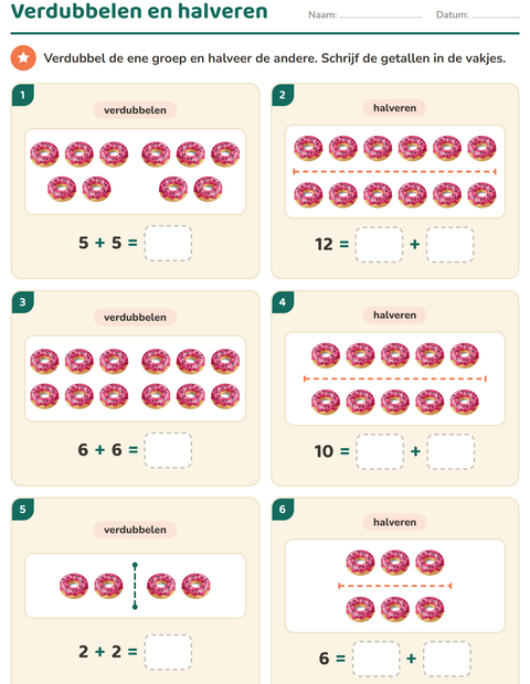 Voorbeeld van het Verdubbelen en halveren-werkblad met Desserts en snoep voor groep 3