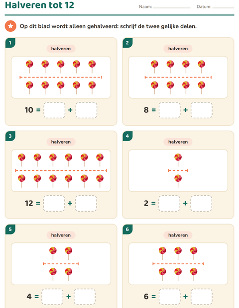 Voorbeeld van het Verdubbelen en halveren-werkblad met Desserts en snoep voor groep 3
