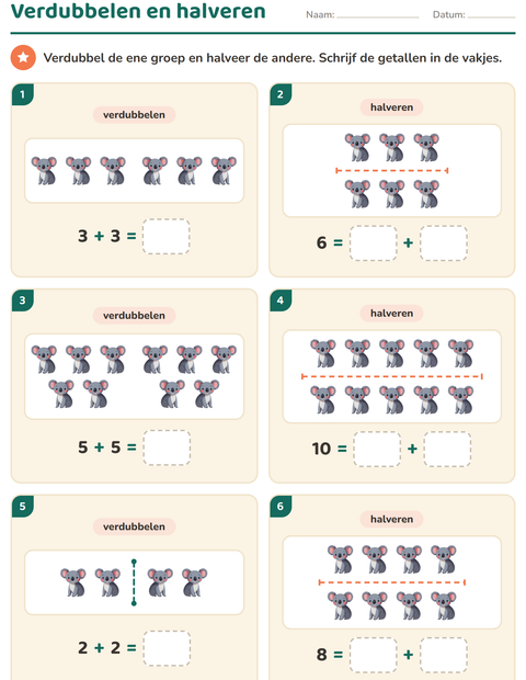 Voorbeeld van het Verdubbelen en halveren-werkblad met Dieren voor groep 3
