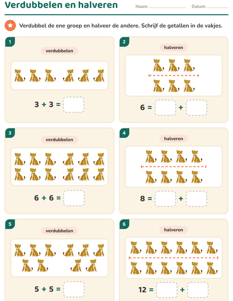 Voorbeeld van het Verdubbelen en halveren-werkblad met Dierentuindieren voor groep 3