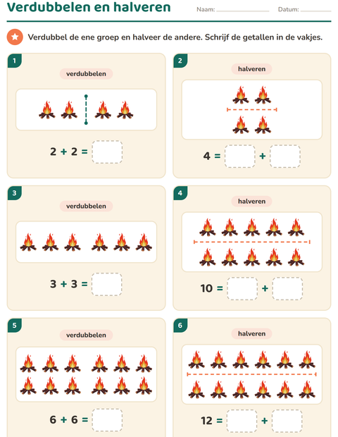 Voorbeeld van het Verdubbelen en halveren-werkblad met Diversen voor groep 3