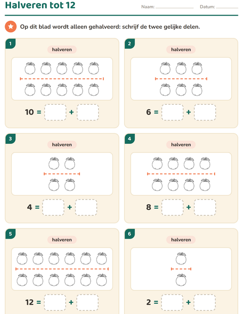 Voorbeeld van het Verdubbelen en halveren-werkblad met Fruit ZW voor groep 3