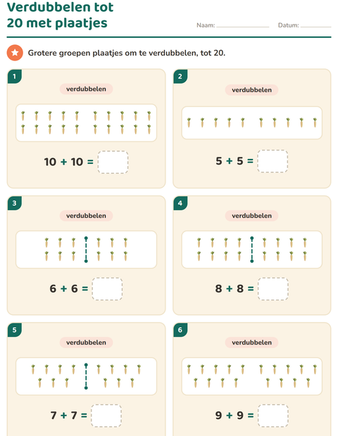 Voorbeeld van het Verdubbelen en halveren-werkblad met Groenten voor groep 3