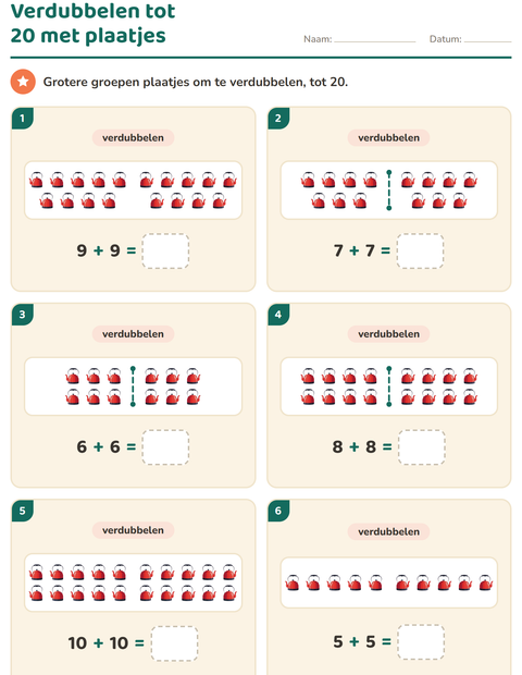 Voorbeeld van het Verdubbelen en halveren-werkblad met Kamperen voor groep 3