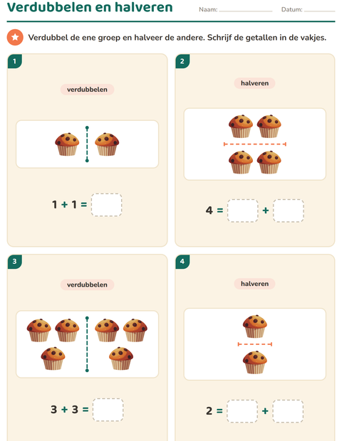 Voorbeeld van het Verdubbelen en halveren-werkblad met Bakkerij voor groep 3