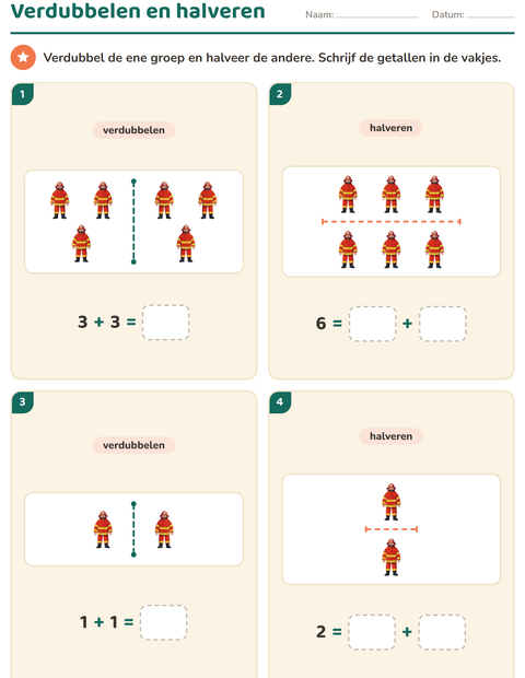 Voorbeeld van het Verdubbelen en halveren-werkblad met Beroepen voor groep 3