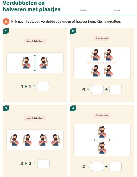 Voorbeeld van het Verdubbelen en halveren-werkblad met Beroepen voor groep 3