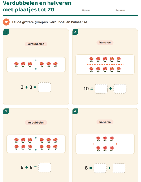 Voorbeeld van het Verdubbelen en halveren-werkblad met Bloemen voor groep 3