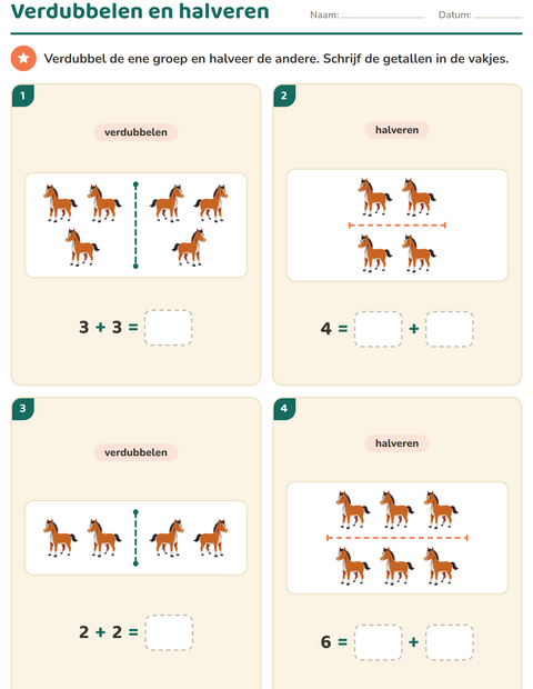 Voorbeeld van het Verdubbelen en halveren-werkblad met Boerderijdieren voor groep 3