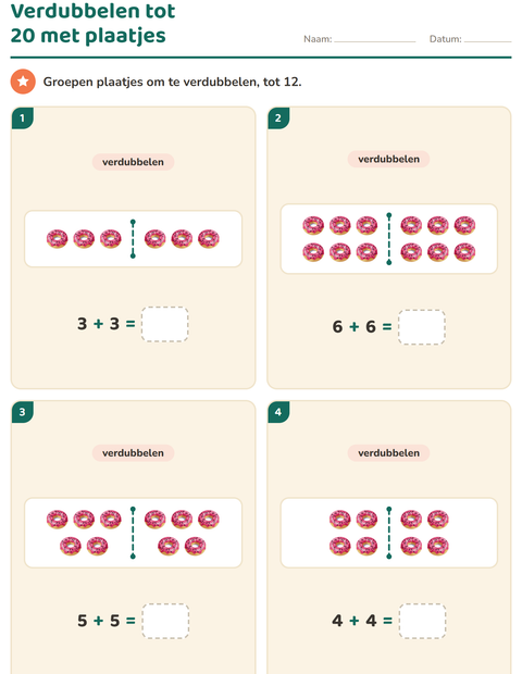 Voorbeeld van het Verdubbelen en halveren-werkblad met Desserts en snoep voor groep 3