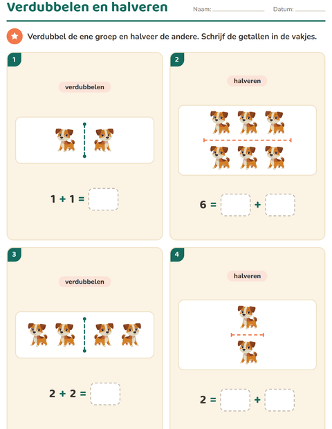 Voorbeeld van het Verdubbelen en halveren-werkblad met Dieren voor groep 3