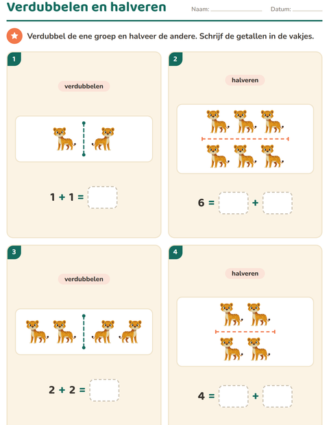 Voorbeeld van het Verdubbelen en halveren-werkblad met Dierentuindieren voor groep 3