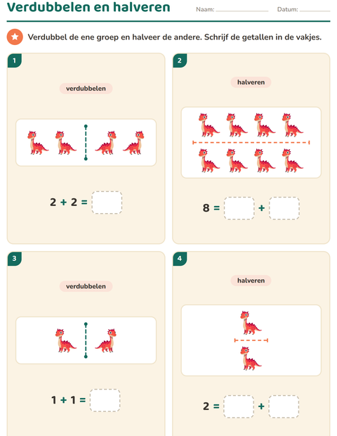 Voorbeeld van het Verdubbelen en halveren-werkblad met Dinosaurussen voor groep 3
