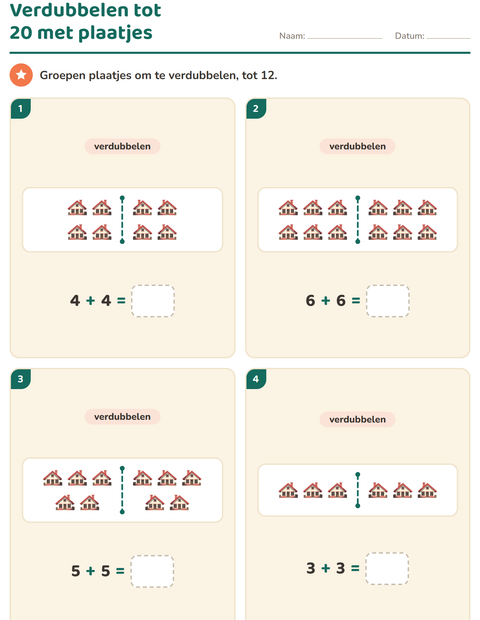 Voorbeeld van het Verdubbelen en halveren-werkblad met Diversen voor groep 3