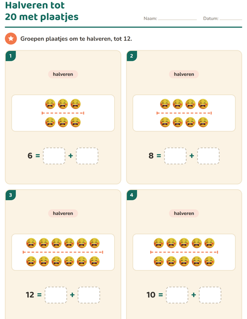 Voorbeeld van het Verdubbelen en halveren-werkblad met Emoties voor groep 3