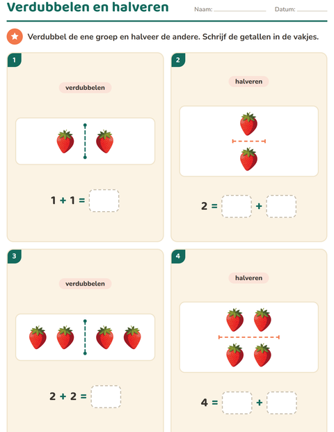 Voorbeeld van het Verdubbelen en halveren-werkblad met Fruit voor groep 3