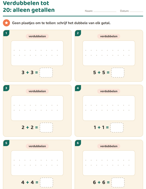 Voorbeeld van het Verdubbelen en halveren-werkblad voor groep 3